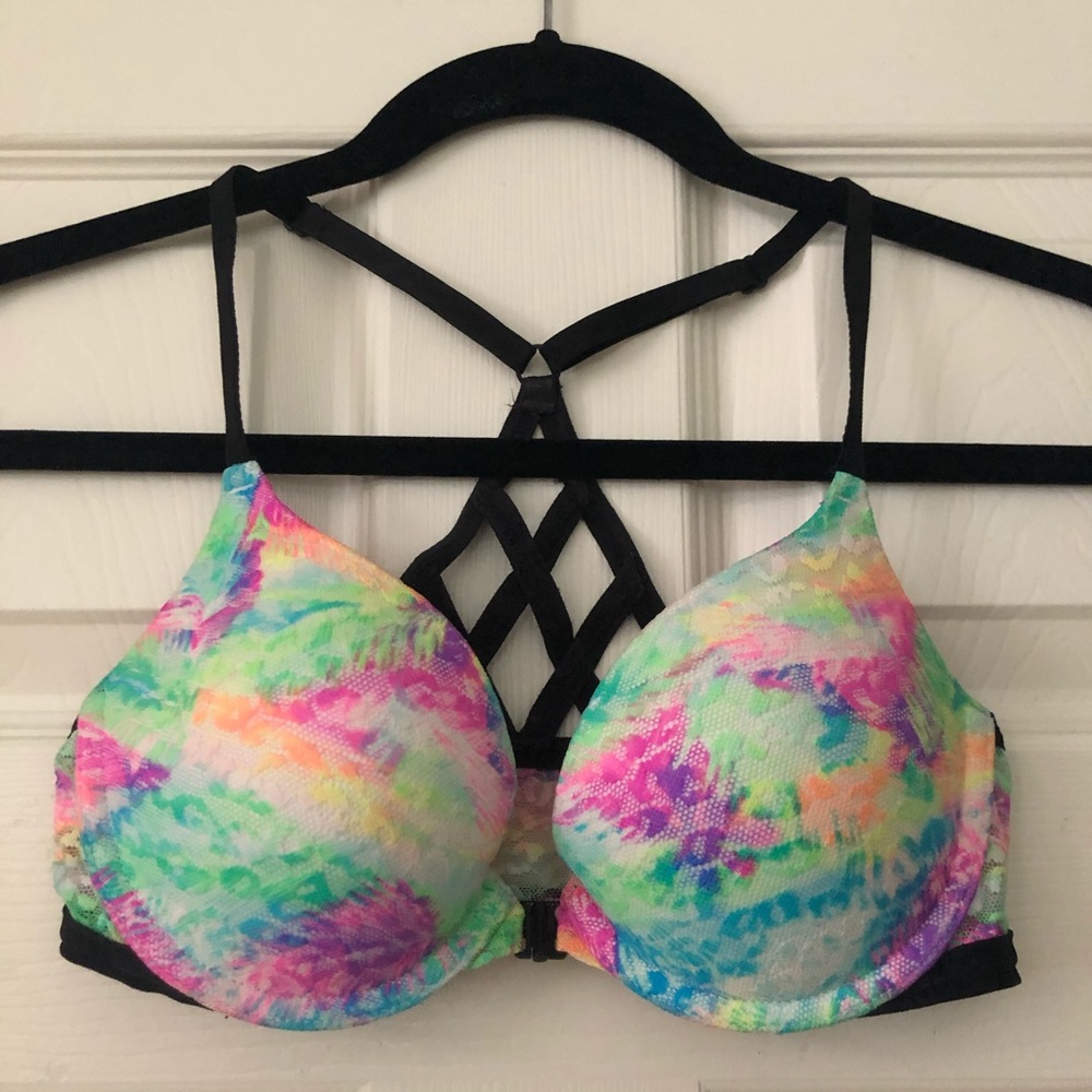 VS Pink Front Close Rainbow Push Up Bra